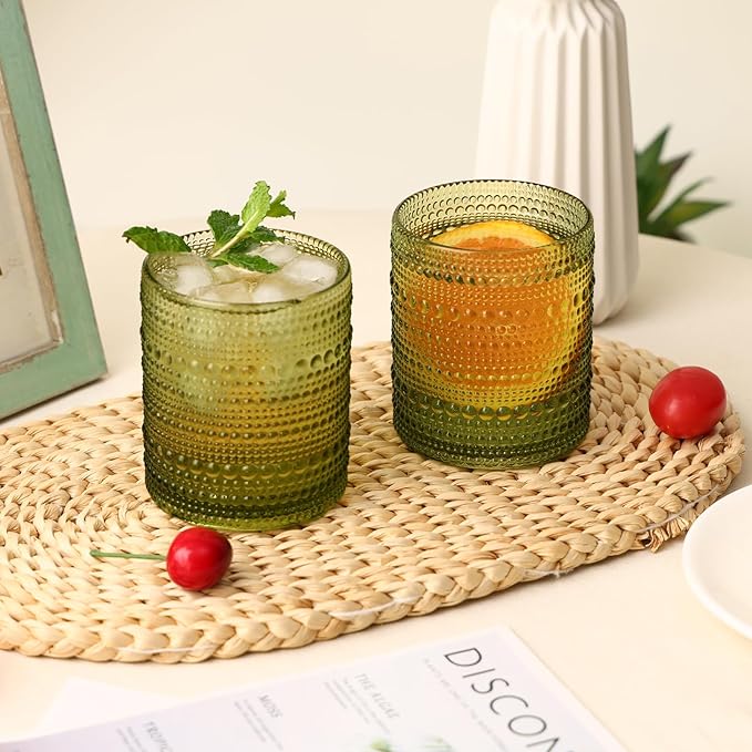 Moretoes Cocktail Glasses 10 oz Hobnail Drinking Glasses Set of 6, Vintage Glassware, Textured Glass Cups Bubble Glasses Water Glasses Old Fashion Jupiter Glasses Set (Green)