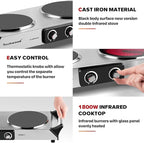 Techwood Electric Stove, Double Infrared Ceramic Hot Plate for Cooking, Two Control Cooktop Burner, Portable Anti-scald handles Suitable for Office/Home/Camp Use, 1800W Compatible for All Cookwares