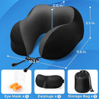 ExploreBliss Travel Pillow, Travel Pillows for Sleeping Airplane, Neck Pillow Airplane, Memory Foam Neck Pillow Set with Eye Mask, Earplugs and Storage Bag -Black