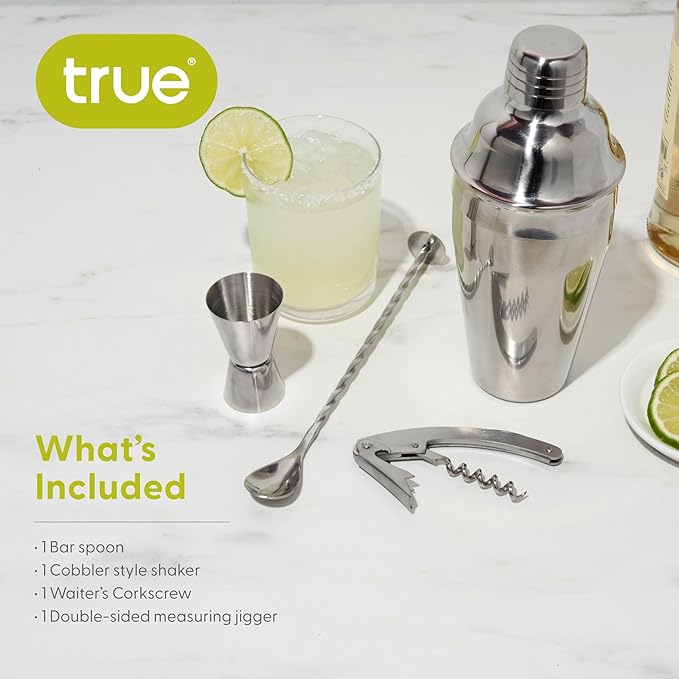 True Bar Drink Mixer Set, 19oz 4-piece Cocktail Shaker Set Bartender Kit, Cocktail Mixer Set, Cocktail Shaker Kit, Barware Tool Sets, Bar Accessories, Silver