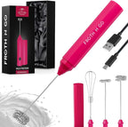 Zulay Froth N Go Milk Frother – Rechargeable 3-in-1 Handheld Frother Wand with Travel Case & USB-C Charger – Single, Double & Egg Whisk for Latte, Cappuccino, Matcha, Protein Shakes – Dragonfruit