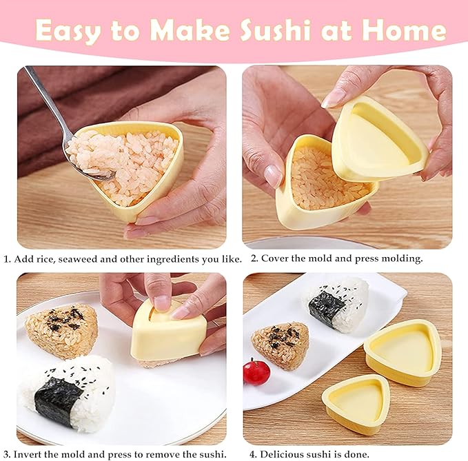 7 Pcs Onigiri Rice Ball Mold Maker Kit, Musubi Press, Classic Triangle Shake Sushi Roller Mat Tool for Kids Bento Lunch and Home DIY, Non-stick, BPA-Free
