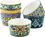 Ramekins Oven Safe for Creme Brulee - Porcelain Pudding Custard Cups 6 oz - Small Serving Bowls for Souffle, Dipping Sauce, Ice Cream, Baking Ramiken Set of 6 - Bohemian Style