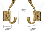 Large Wall Hooks 5 Pack Brushed Gold Coat + Towel Hooks (4.35 Inch Double Robe Hooks) - Mounted with Screws for Key, Towel, Bags, Cup, Hat