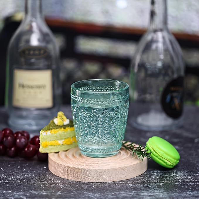 abrwyy Green Drinking Glasses Set of 4, Vintage Drinking Glasses, Green Glassware Drinking, Beverage Glasses Cup, Vintage Glassware Set for Water, Juice, Cocktail, Coffee