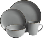 Gibson Home Rockaway 16-Piece Round Stoneware Dinnerware Set, Service for 4 – Grey with Gold Rim Plates and Bowls, Microwave & Dishwasher Safe