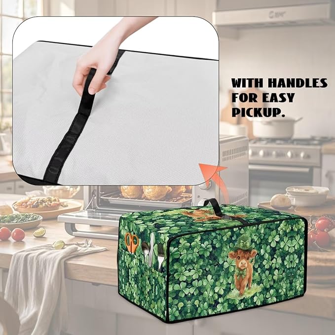Highland Cow Four Leaf Clover Print Toaster Oven Cover Microwave Cover for Kitchen Countertop Appliance Dust Protector Decorative Oven Accessories for St. Patrick's Day Decor, Green, S