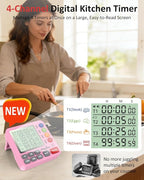 Digital Kitchen Timer for Cooking - 4 Channel Count Up Countdown Timer with Loud Alarm and Silent Mode, Large Display, Magnetic Back, Auto Memory for Classroom Study Gym, Battery Included (Pink)