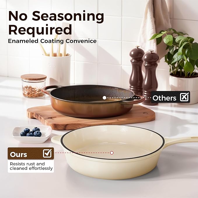 Kitchen Academy Enameled Cast Iron Cookware Sets - 7Pcs Pots and Pans Set Non Toxic, Induction Cooking Pots Set, PFOA&PFAS Free(Beige)
