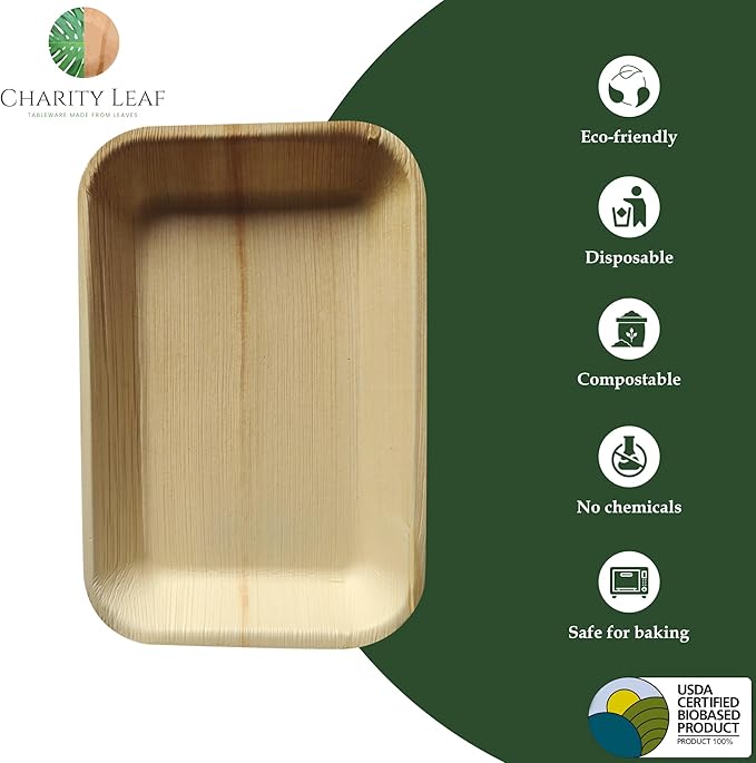 Charity Leaf 200-Pack 9"x6" Palm Leaf Trays | Eco-Friendly, Compostable Bamboo-Style Platters for Events & Weddings