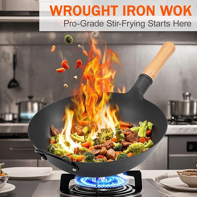 WANGYUANJI Iron Wok,13.38 inchTraditional Round-Bottom Wok, Chef’s Professional Stir-Fry Pan with Wooden Handle, Chemical-Free Wok for Gas Stoves and Round-Bottom Induction Stovetop(No lid included)