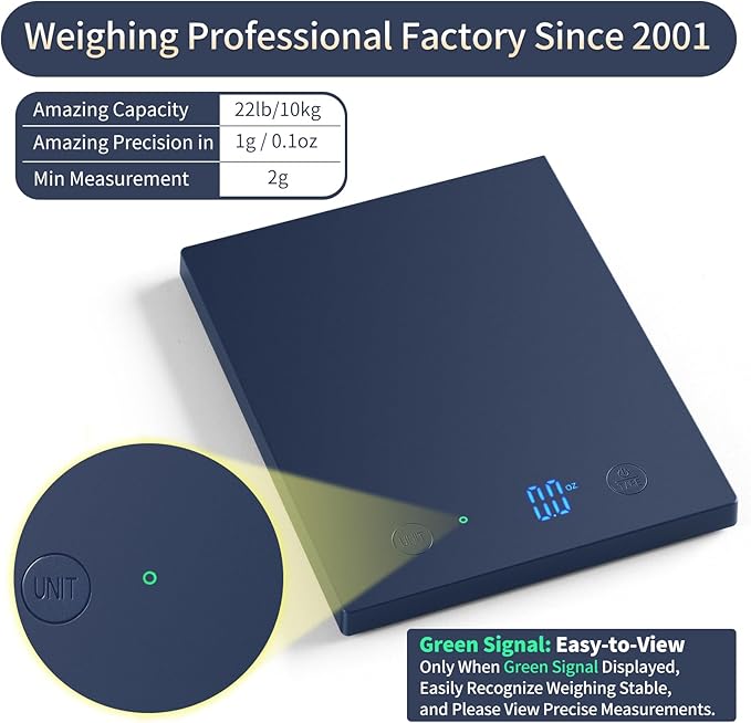 Homebuds 22lb Digital Food Scale Grams and Ounces in 1g, High Precision Assured by Kitchen Scale Professional Factory SINCE 2001, Gram Scale for Cooking and Baking, LED, 3*AAA Batteries Included, Blue