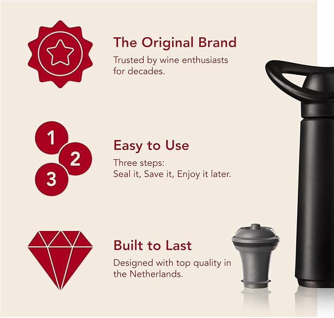 Vacu Vin Wine Saver Concerto - Black - 1 Pump 2 Stoppers - Wine Stoppers for Bottles with Vacuum Pump - Reusable - Made in the Netherlands