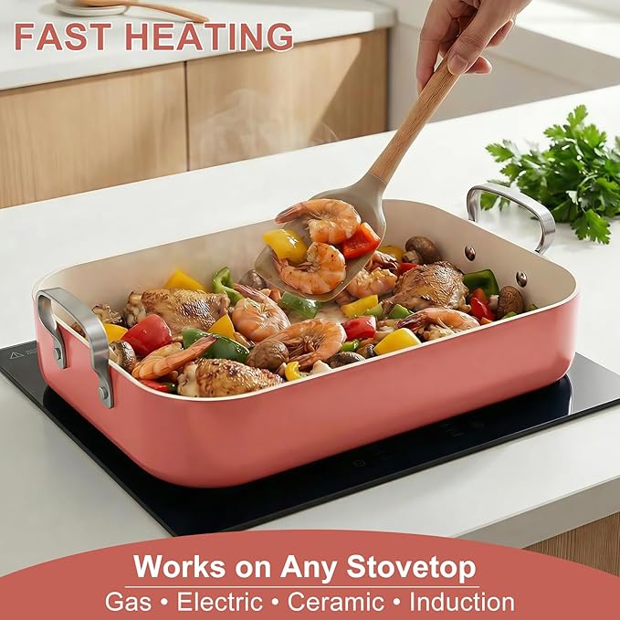 Double Burner griddle Pan,griddle pan for stove top & Oven,15.6x10.8 Ceramic Nonstick stovetop griddle,PFAS-Free,Induction Ready,Stainless Handles,Oven Safe 428°F,4.8QT，Terracotta Red