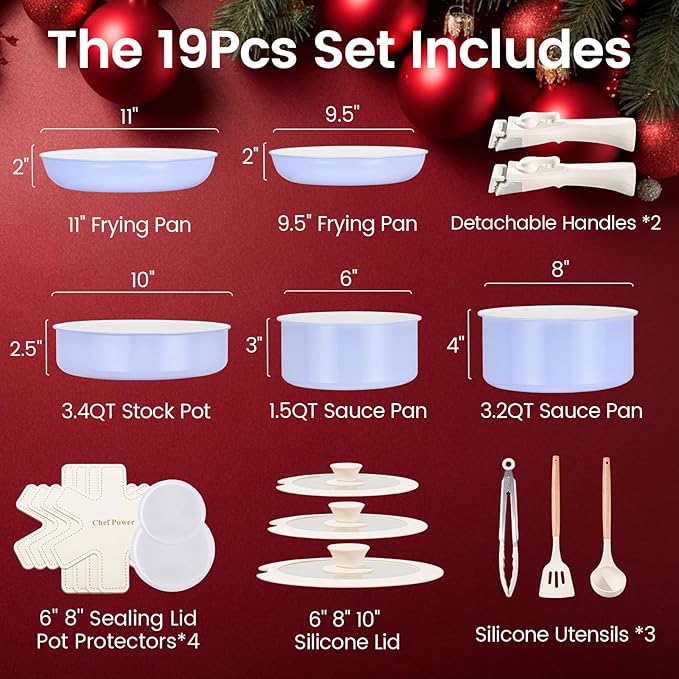 Chef Power Ceramic Nonstick Pots and Pans Set 19 Piece with Detachable Handle, Induction Dishwasher Oven Safe Cookware Set, RV Kitchen Set Removable Handle (Light Purple)