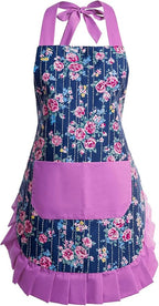 Vintage Floral Apron for Women with Functional Pockets Adjustable Neck Strap for Cooking Baking Mother's Gift