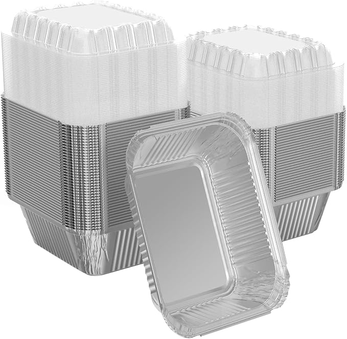 iHomeSet 25 Pack 1 lb Rectangular Disposable Aluminum Foil Pan 16 oz Take Out Food Containers with Clear Plastic Dome Lids, for Catering, Baking, Roasting Food