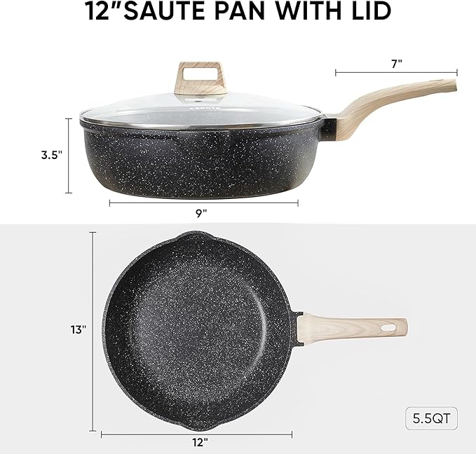 CAROTE 10/12/12.5 Inch Nonstick Deep Frying Pan with Lid, Jumbo Cooker Saute Pan with Pour Spout, Skillet Induction Cookware, Non Stick Cooking Pan PFOA Free, Classic Granite
