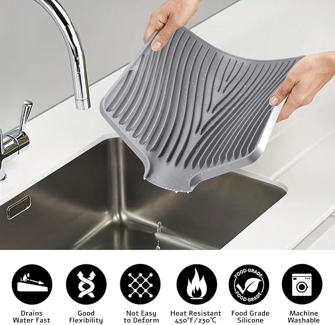 TIKNIK Silicone Dish Drying Mat, Stone Drying Mat for Kitchen Counter with Built-In Drain, Non-Slip Drain Pad with Built-in Drain, Heat Resistant Stone Drying Mat, Hangable, Grey-2pcs, 16" x 12"