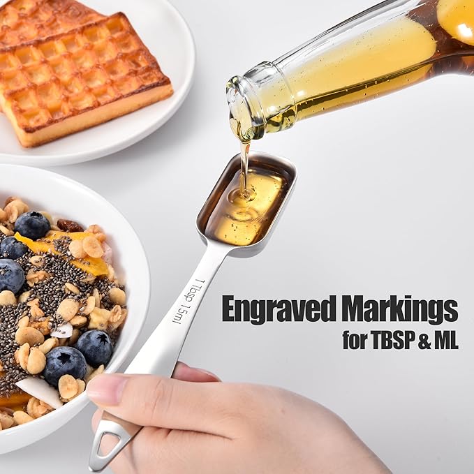 18/8 Stainless Steel Measuring Spoons: Doosu Heavy Duty Rectangular Spoon Square Teaspoon Tablespoon Scoop with Slim Long Handle in Narrow Spice Jar for Kitchen Baking Cooking (Set of 8 with Leveler)