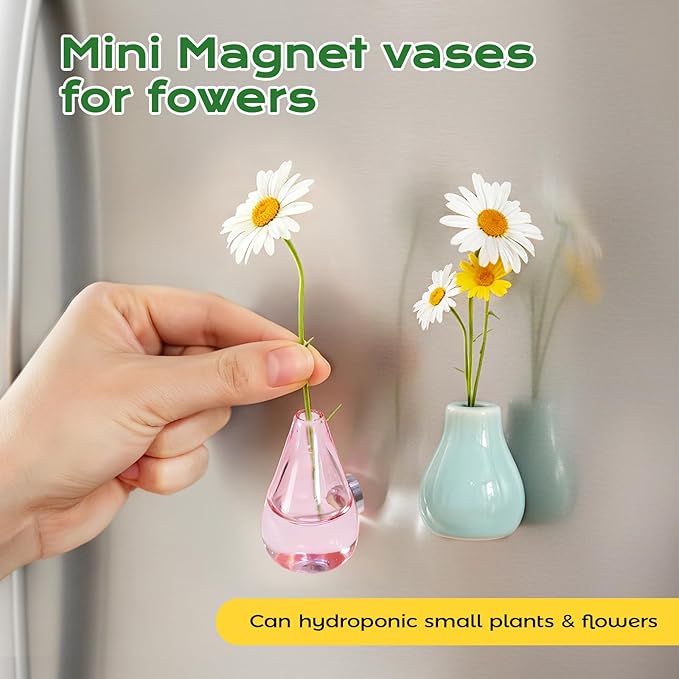 Renmxj Mini Ceramic Vase Magnets for Fridge, Cute Tiny Plant Vase Fridge Magnets for Kitchen Refrigerator Office Locker Decoration with Fake Flowers (5 Pack)