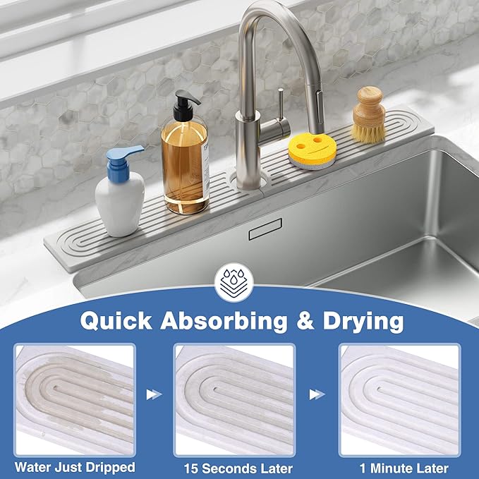 DK177 Faucet Mat for Kitchen Sink - Water Absorbing Stone Tray for Sink, Diatomite Fast-Drying Faucet Mat, Faucet Splash Guard for Bathroom Counter (White, 30" x 4")