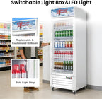Commercial Beverage Refrigerator with Glass Door, 383L Display Fridge Beverage Cooler with Customizable Lightbox Adjustable Shelves, Drink Fridge Merchandiser for Restaurant Shop, White