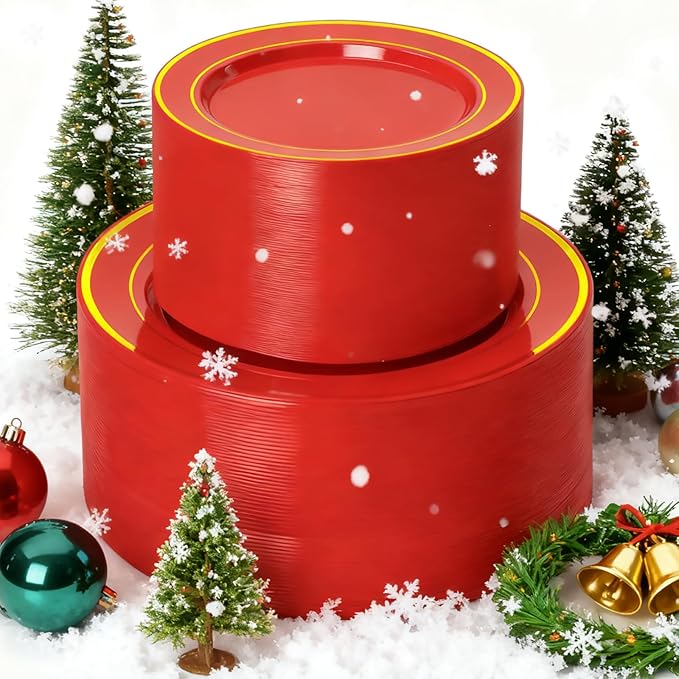 NOCCUR 200PCS Red Plastic Plates for 100 Guests - Include 100PCS 10" Dinner/ 100PCS 7" Dessert Plastic Plates Heavy Duty - Ideal for Wedding/Party/Christmas