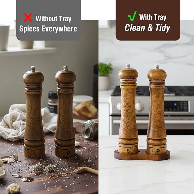 Wooden Salt and Pepper Grinder Set, Premium Oak Wood Salt Grinders Shakers, Pepper Mill with S and P Engraving, Adjustable Ceramic Grinder (10″ - 2 Packs with Tray)