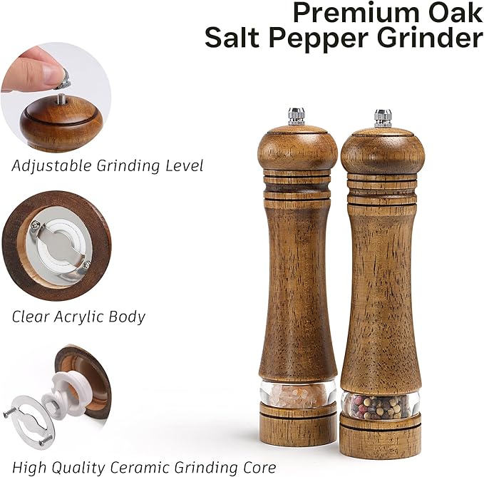 Wooden Salt and Pepper Grinder Set, Premium Oak Wood Salt Grinders Shakers, Pepper Mill with Acrylic Clear Window, Adjustable Ceramic Grinder (8″ - 2 Packs with Tray)