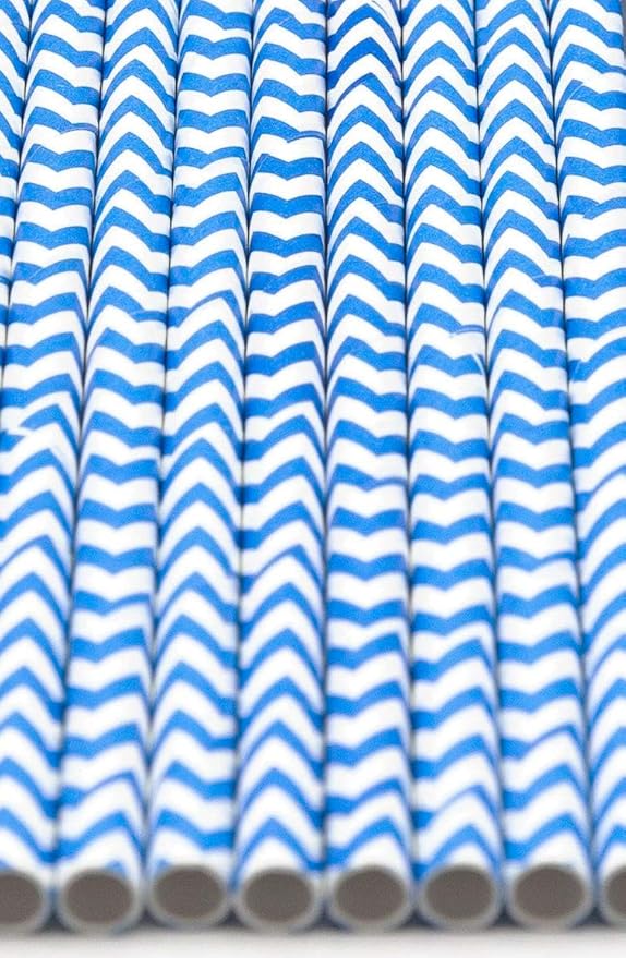 Pack of 150 Sky Blue Chevron Biodegradable 4-Ply Paper Drinking Straws (Compostable, Non-toxic, BPA-free)