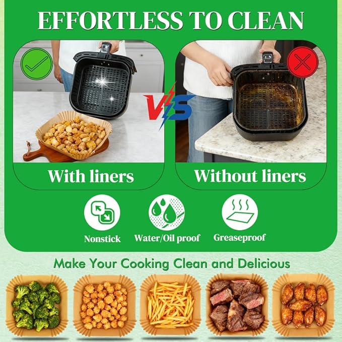 BYKITCHEN 300PCS Disposable Air Fryer Paper Liners for Ninja AF141 5 QT Pro AF181 6.5QT, Cosori Chefman 6 QT &Other 5 to 8Qt Airfryer, 8in Square Air Fryer Parchment Paper, Airfryer Basket Accessories