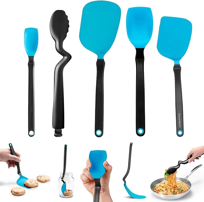 Dreamfarm Cooking Utensil Set (Dreamfarm Blue) – Tongs with Lock, Measuring Scraper Spoon, Jar Scraper, Multipurpose Spatula, Mini Turner – Non‑Stick Safe Nylon & Silicone Tools for Cooking & Baking