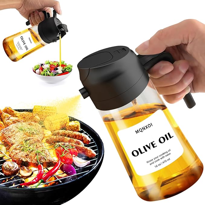 mqnxoi 2 in 1 Glass Oil Sprayer & Dispenser,16oz/470ml Olive Cooking, Air Fryer, and Salad, for Kitchen Gadgets and Air Fryer Accessories, w/Stickers (Black + White Bottle 2)