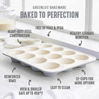 GreenLife 12-Cup Muffin Pan, PFAS-Free Healthy Nonstick Baking Tray, 11.4" x 1.9" x 15.9", Durable Ceramic Bakeware, Cupcakes, Egg Bites, Tarts, Brownies, Gray