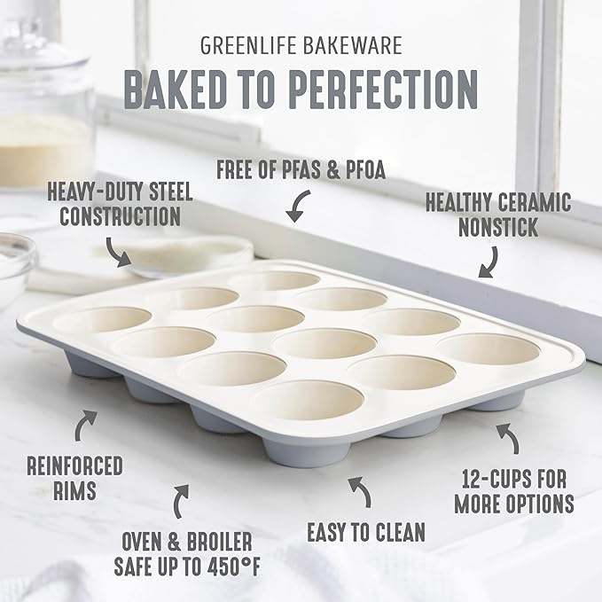 GreenLife 12-Cup Muffin Pan, PFAS-Free Healthy Nonstick Baking Tray, 11.4" x 1.9" x 15.9", Durable Ceramic Bakeware, Cupcakes, Egg Bites, Tarts, Brownies, Gray