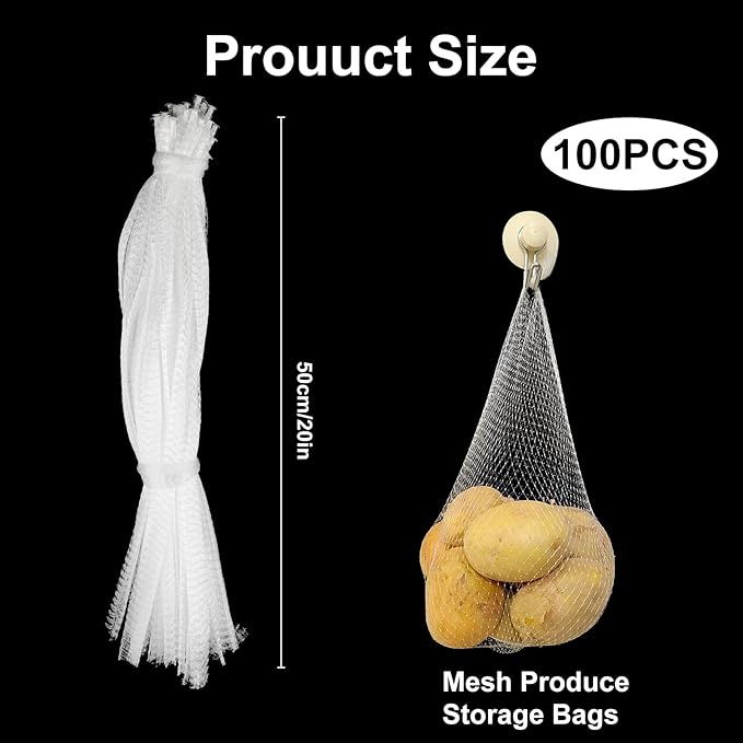 100Pcs Produce Mesh Bags,20 Inch Seafood Boil Bags Packing Supplies Net,Reusable Mesh Nylon Netting Bulk Storage Bag for vegetables Storage Fruits Seafood and Other Agricultural Products(White)