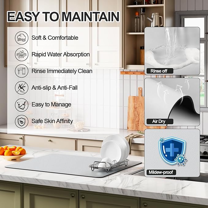 Ecotrim - Dish Drying Mat for Kitchen Counter | Coffee Bar Mat for Countertops | Heat Resistant Drainer Mat with Non-slip Rubber Backed | Hide Stain Kitchen Absorbent Draining Mat | Light Grey 16"x24"
