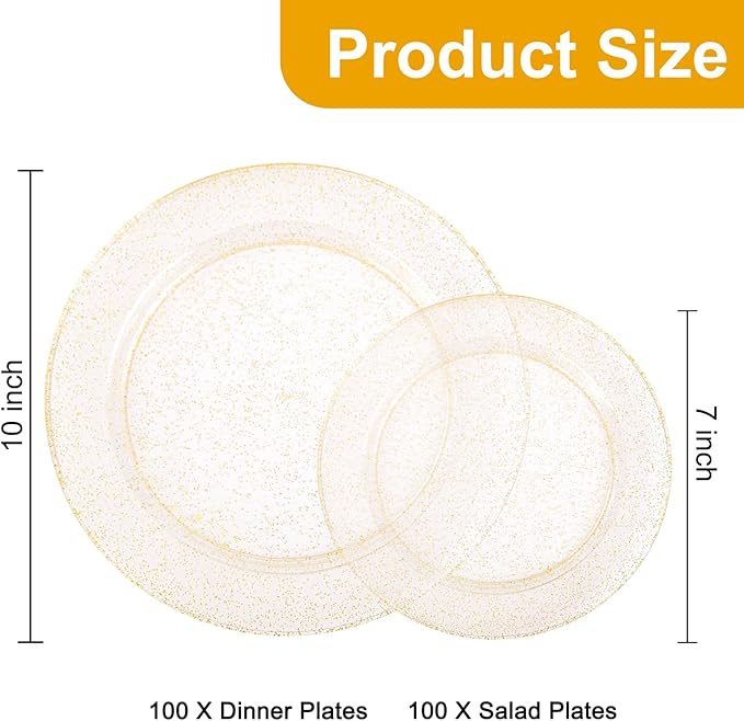 200 Pcs Gold Glitter Plastic Plates - Disposable Party Plates, Gold Glitter Disposable Plate Include 100 Dinner Plate and 100 Dessert Plate, Plastic Plate for Party, Holiday, Wedding & Birthday