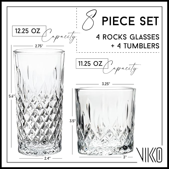 Vikko Rock and Tumbler Set, 8 Piece Set of Elegant Glasses, 4 Tall 12.25 Ounce Glasses and 4 Short 11.25 ounce Whiskey Glasses