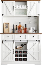 72" Farmhosue Coffee Bar Cabinet with Storage Shelves and 3 Drawers, Kitchen Hutch Storage Cabinet with Sliding Barn Door & Wine Racks & Wine Glass Holder, Bar Cabinets for Home/Living Room, White