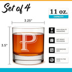 On The Rox (P-Monogram)- 4 Piece Set of 11 Ounce Engraved Heavy Base Rocks Glasses Elegant Glass-Multi-Purpose Beverage-Rocks Glass- Gift for any Occasion Drinks