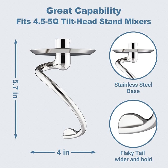 Stainless Steel Spiral Dough Hook for Kitchenaid Stand Mixer, 4.5 Qt - 5 Qt Tilt-Head Stand Mixer Attachments for Kitchenaid Dough Hook - Dishwasher Safe by Cofun