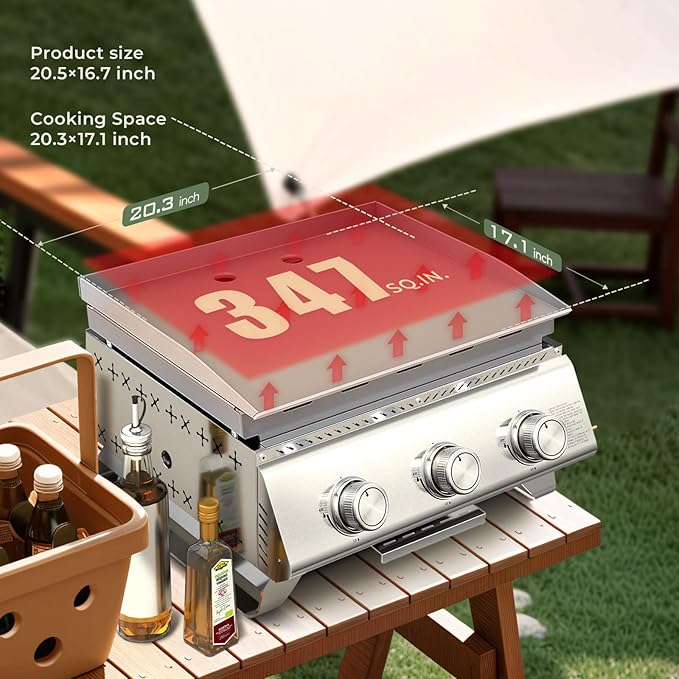 R.W.FLAME Premium 3-Burner Tabletop Propane Gas Griddle Stainless Steel Portable Outdoor Griddle,24,000 BTU Compact Flat Top Camping BBQ Grill,347 Sq. In. Cooking Area,Heavy Duty