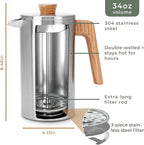 WALDWERK French Press (34 oz) - Non-Toxic Stainless Steel Double Wall French Press Coffee Maker - Plastic Free Coffee Press with Oak Wood Handle - Insulated Stainless Steel Coffee Maker - No Plastic