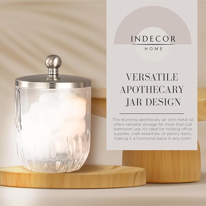 Glass Jar with Metal Lid for Bathroom Organization, Clear Apothecary Jar for Cotton Balls, Q Tips, and Small Accessories, Stylish Bathroom Storage Container Nickel