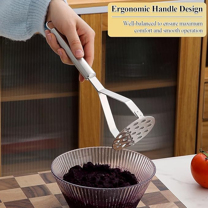 Homquen Stainless Steel Potato Masher, Sturdy Mashed Potato Masher, Potato Ricer, Masher Kitchen Tools for Vegetables&Fruit, Dishwasher Safe (9.84inch)