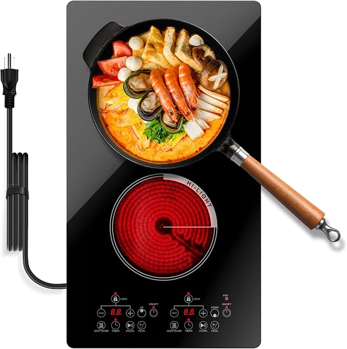2 Electric Burner, 2000W Plug in Portable Cooktop, 110V Countertop Stove, Built-in Ceramic Hot Plate Dual Burner with 9 Power Levels, Timer, Safey Lock, Compatible with ALL Cookware