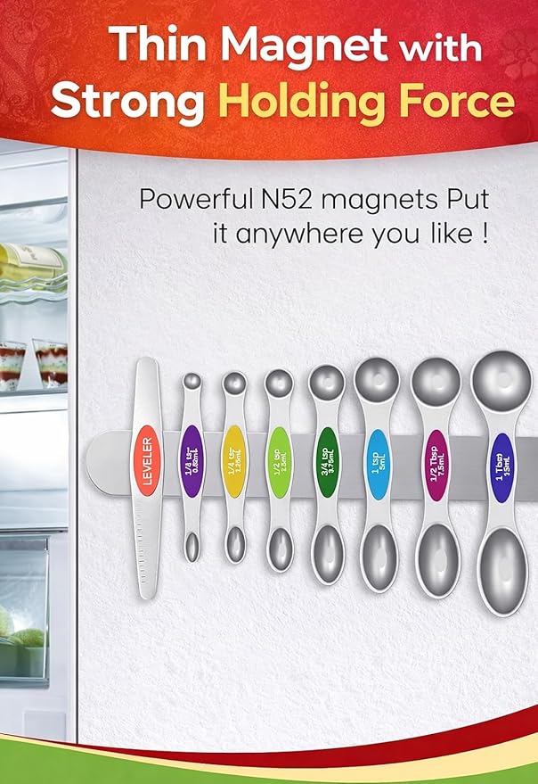 Premium Magnetic Measuring Spoons Set|Strong N52 Magnets|Heavy Duty Stainless Steel|Dual-Sided for Spice Jar & Liquid Measuring|Dishwasher Safe|7 Spoons with Leveler for Baking & Cooking (Colorful)