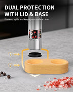 CIRCLE JOY Mini Rechargeable Salt and Pepper Grinder Set with Wooden Base, Dust Cover and External Adjustment, Stainless Steel Electric Pepper Mill Grinders for Kitchen, Outdoors and Travel, Silver